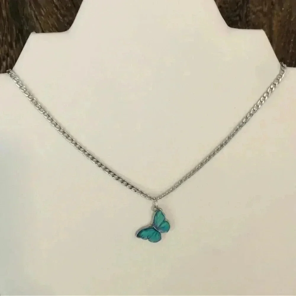 Blue Enamel Silver Butterfly Prairie Cottagecore Necklace NWT
